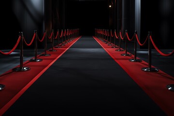a red carpet with rope barriers