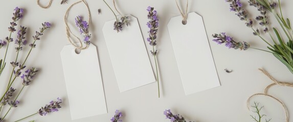 A blank tag mockup on lavender flowers, with copy space for text and a textured rustic background....
