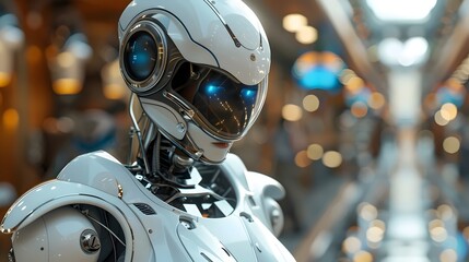 Fototapeta premium Portrait of a humanoid robot in an industrial facility. Robotics image