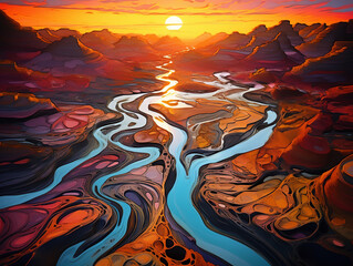 Desert oasis no gadgets allowed drone view vibrant sunset colors , close-up