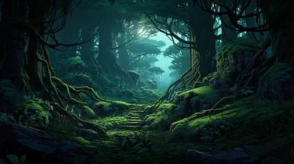 Foto op Plexiglas Forest hideaway escaping digital noise low angle lush green twilight ,  super realistic © Little