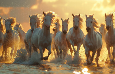 A herd of white horses galloping along the water, with sunlight shining on their hair and bodies against the backdrop of sunset