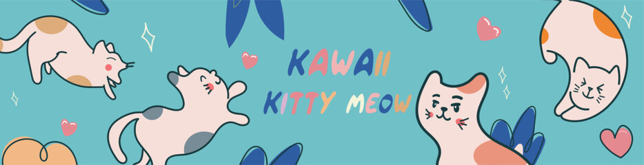 Kawaii Cats vector illustration  Smiling Kitty, cute and round-faced cat