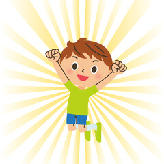 頑張るポーズでジャンプする男の子
