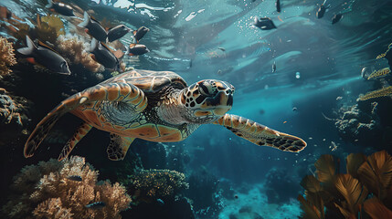 Naklejka na ściany i meble Sea turtle swimming in the ocean