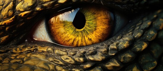 A close up of a dragons eye with a striking yellow iris, showcasing intricate details of the iris, eyelash, and eyebrow in stunning macro photography - obrazy, fototapety, plakaty