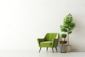 a green chair and potted plant in a room