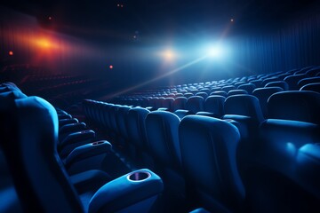 a movie theater with blue seats