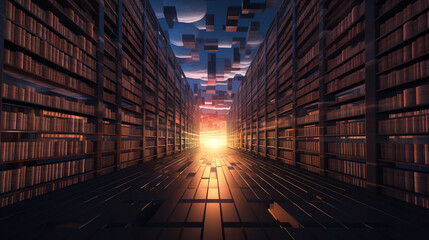 Virtual reality library endless book rows firstperson view sepiatoned dusk light , 3D style