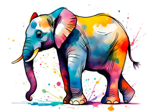 Colorful cute elephants and colorful splashing picture book illustrations