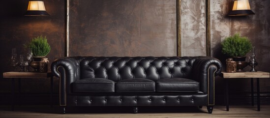 A black leather couch is situated in the center of the room, surrounded by automotive tires, a window, wooden flooring, and a plant - obrazy, fototapety, plakaty