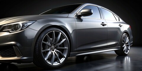 Obraz na płótnie Canvas Close-up of Gray Modern Car on Black Background - Automotive Concept