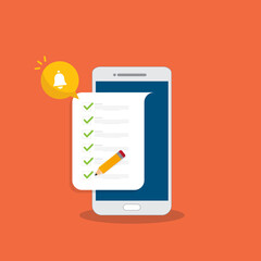 Checklist. Check list document on smartphone, smartphone with paper check list and to do list with checkboxes, concept of survey, online quiz, completed things or done test, feedback.	
