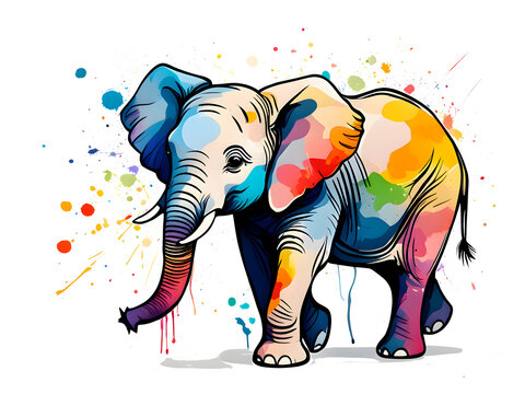 Colorful cute elephants and colorful splashing picture book illustrations