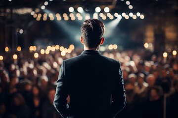 a man in a suit looking at a crowd