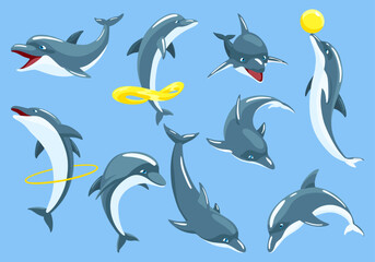 Dolphin cartoon characters set isolated on white. Sea life blue fish or wild nature animals in different poses. Vector illustration of ocean mammal in motion