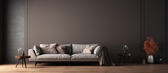 Gray couch with cushions placed in a cozy living room, next to a sturdy wooden table creating a harmonious interior setting