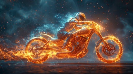 A black background with stars and the universe in a mash-up of line and point motorcycle racing in flames. Modern illustration of a starry sky or space.