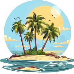 island with palm trees in the sea and ocean. Watercolor style illustration