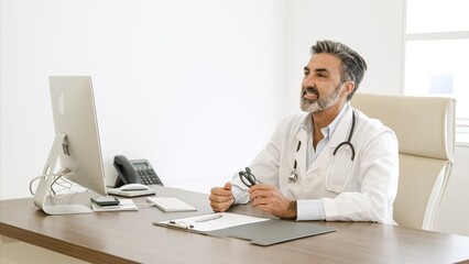 Smiling mature doctor sitting at table in modern hospital