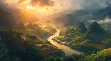 Selbstklebende Fototapeten A panoramic view of terraced rice fields in Vietnam, with the winding river flowing through them and lush greenery on mountainsides © Kien