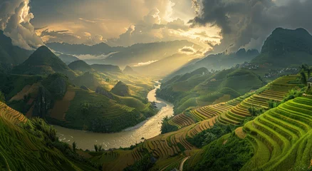 Selbstklebende Fototapeten A panoramic view of terraced rice fields in Vietnam, with the winding river flowing through them and lush greenery on mountainsides © Kien