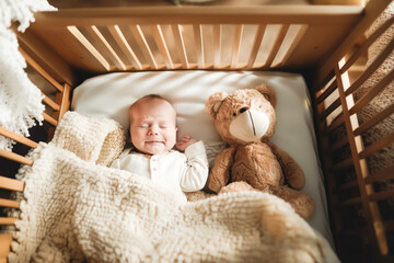 Baby laying in crib next to teddy bear, view from above.