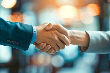 A detailed view of two individuals engaging in a handshake, showing hands clasped firmly in agreement.
