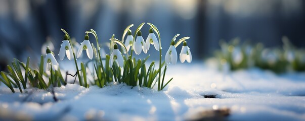 a group of white flowers in snow - obrazy, fototapety, plakaty