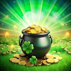 St. Patrick's Day background with green pot full of gold coins. AI generated