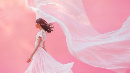 Dream in Pink Silk, woman in a white dress walks against a vibrant pink backdrop, her dress billowing around her in a dreamlike dance