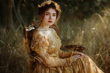 Golden Hour Enchantment, Bathed in the golden light of sunset, a woman in a shimmering gold dress sits serenely on an antique chair in a field, her regal pose evoking a storybook elegance