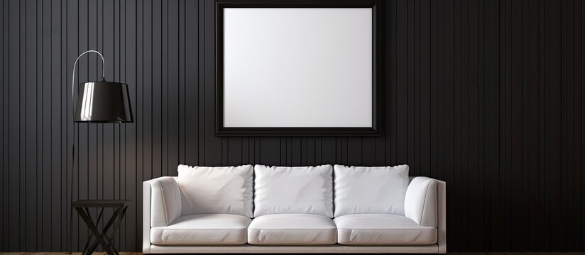 An interior design featuring a building with a white couch made of wood, placed on a rectangleshaped flooring. The room also includes a picture on the wall for entertainment and comfort