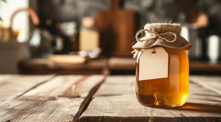 A jar of honey with an empty tag on a wooden background, leaving space for text. product presentation, promotion banner or ad