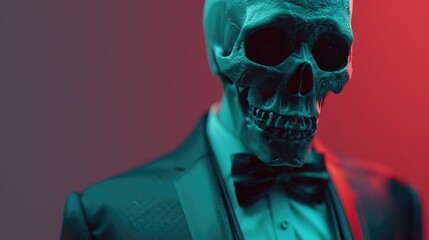 Stylish Skull in Dapper Suit, artistic 3D rendering of a skull wearing a formal suit, exuding an eerie elegance and juxtaposing mortality with sartorial fashion - obrazy, fototapety, plakaty