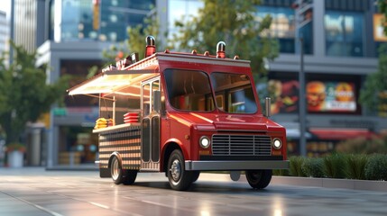 Urban Delights: Street Food Truck Scene, charming food truck stands ready to serve a variety of fast food in an urban setting, with a bustling city backdrop - obrazy, fototapety, plakaty