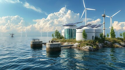A hybrid renewable energy system showcasing wind turbines, solar panels, and energy storage units amidst a natural landscape.