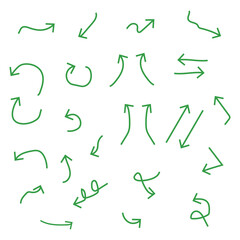 Set of Hand Drawn Arrows, Green Arrows Isolated on White Background, Directional Signs.