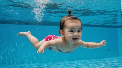 Fototapeta na wymiar Adorable baby girl swimming underwater in pool on a sunny summer day