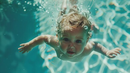 Adorable baby girl swimming underwater in pool on a sunny summer day