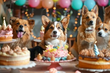 Joyful Corgi Dogs at Birthday Party with Colorful Balloons and Delicious Dog Friendly Cakes Celebration