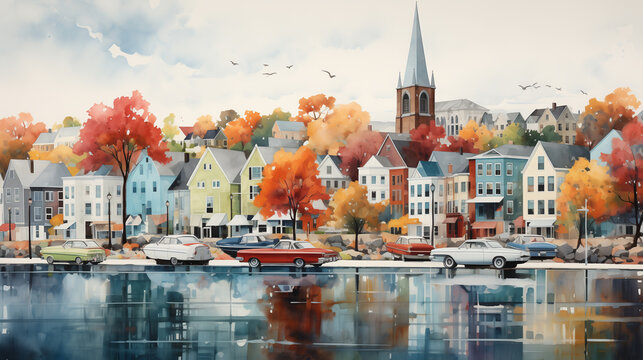 A watercolor painting of Sailboats on serene water in vibrant town, multicolored town with quaint architecture.