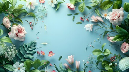 Floral and botanical background, Abstract pattern with spring flowers on a light blue background