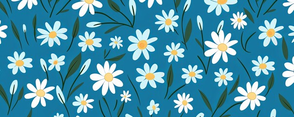 Daisy pattern, hand draw, simple line, green and blue