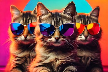 Group of cats in sunglasses on colorful neon background Generative AI