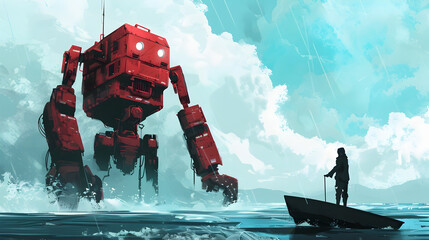 Colossal Mech Stands Tall Overlooking Vast Oceanic Landscape in Surreal Digital
