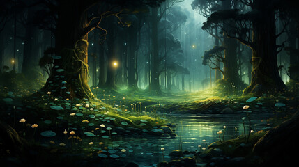 Magical forest depicted in watercolor of twilight ambiance enhanced by mystical fireflies hovering over a calm river, a mesmerizing composition.
