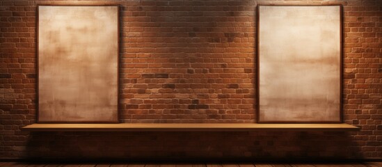 Two empty brown rectangular frames hang on a hardwood shelf in front of a brick wall. The wood stain matches the flooring, creating a cohesive look against the backdrop of the brickwork