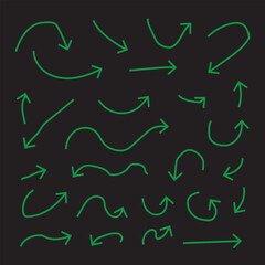 Set of Hand Drawn Arrows, Green Arrows Isolated on black Background, Directional Signs.