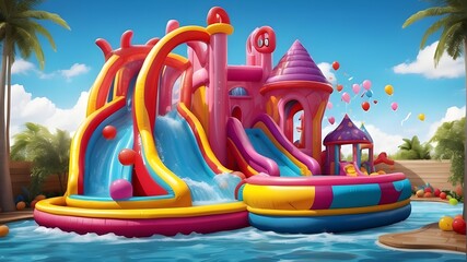 Water slide with an inflatable bounce house for the backyard, colorful bouncy castle for kids' play area. - obrazy, fototapety, plakaty
